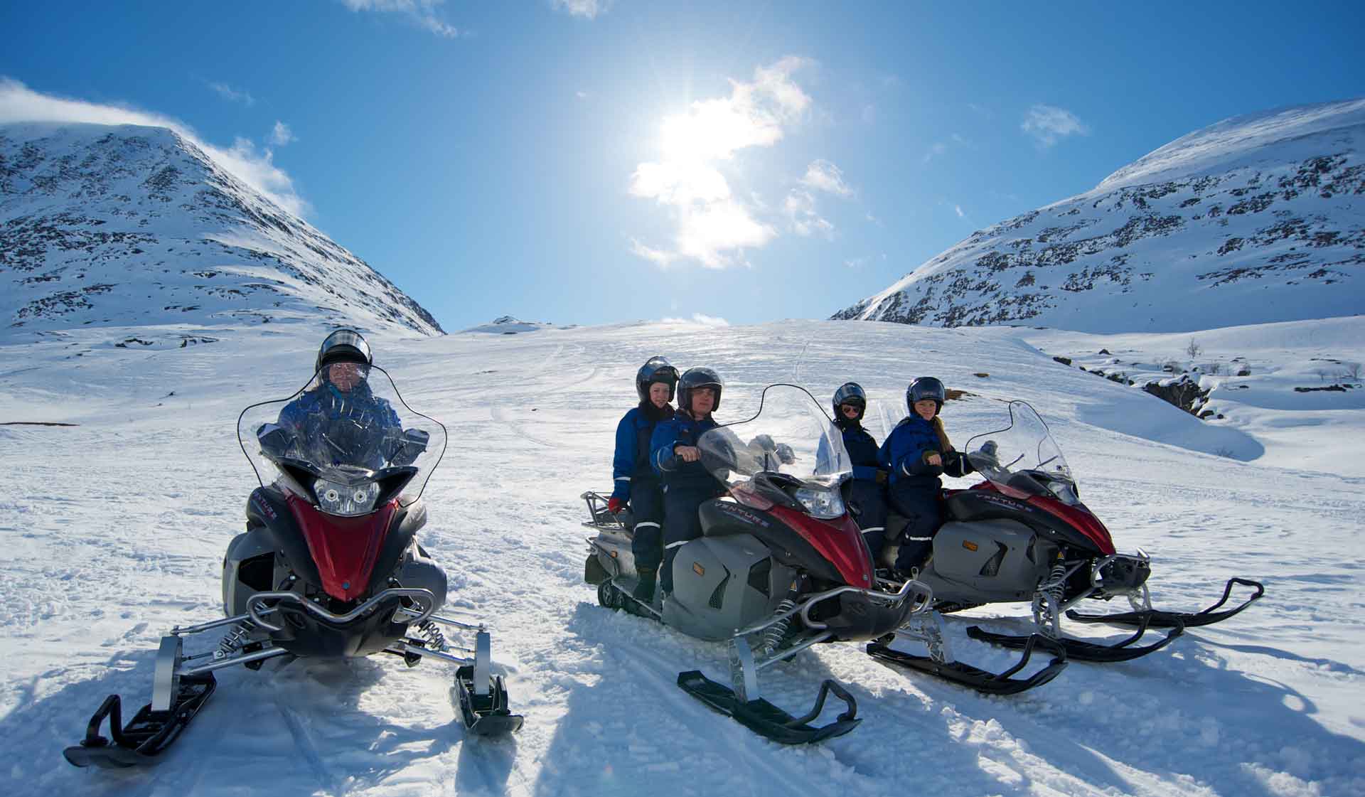 Photo. Group of parked snowmobiles